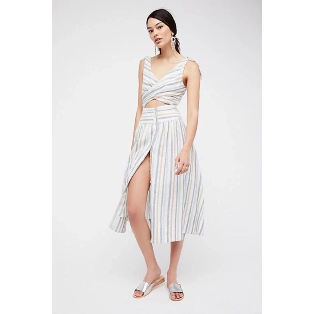 Free People Kansas City Girl Stripe Cut Out Midi Button Up Dress Women's Size 12